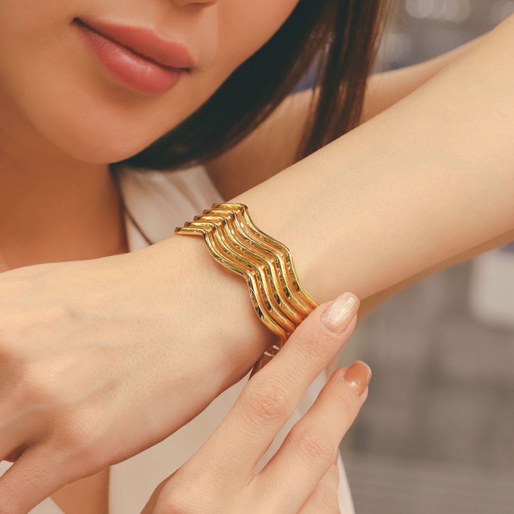 14 Ayar Altın 5 Sıra Zikzak Kelepçe Bilezik