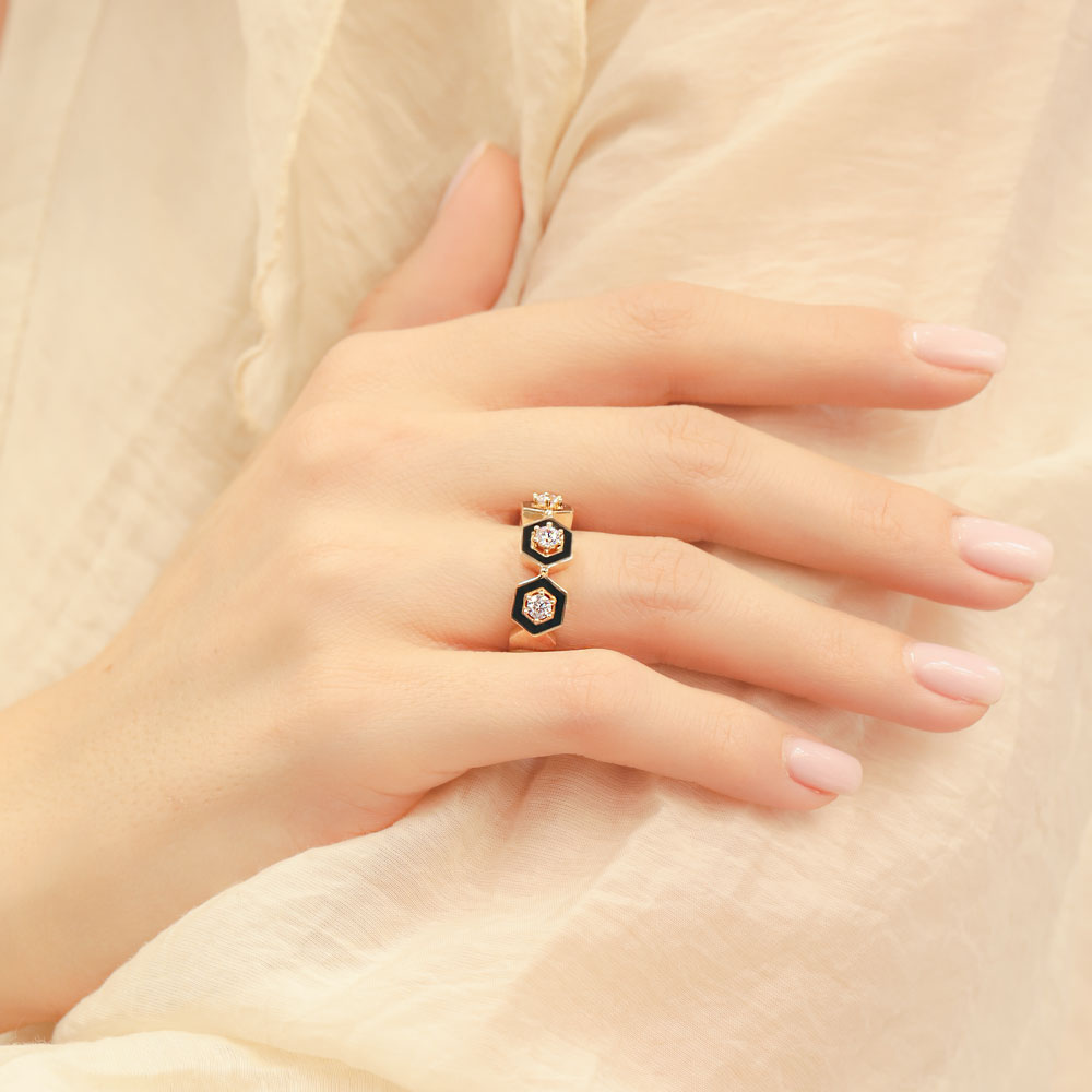 Minimal Tasarım Yüzük 14 Ayar Altın Altıgen Form Çağla Yüzük