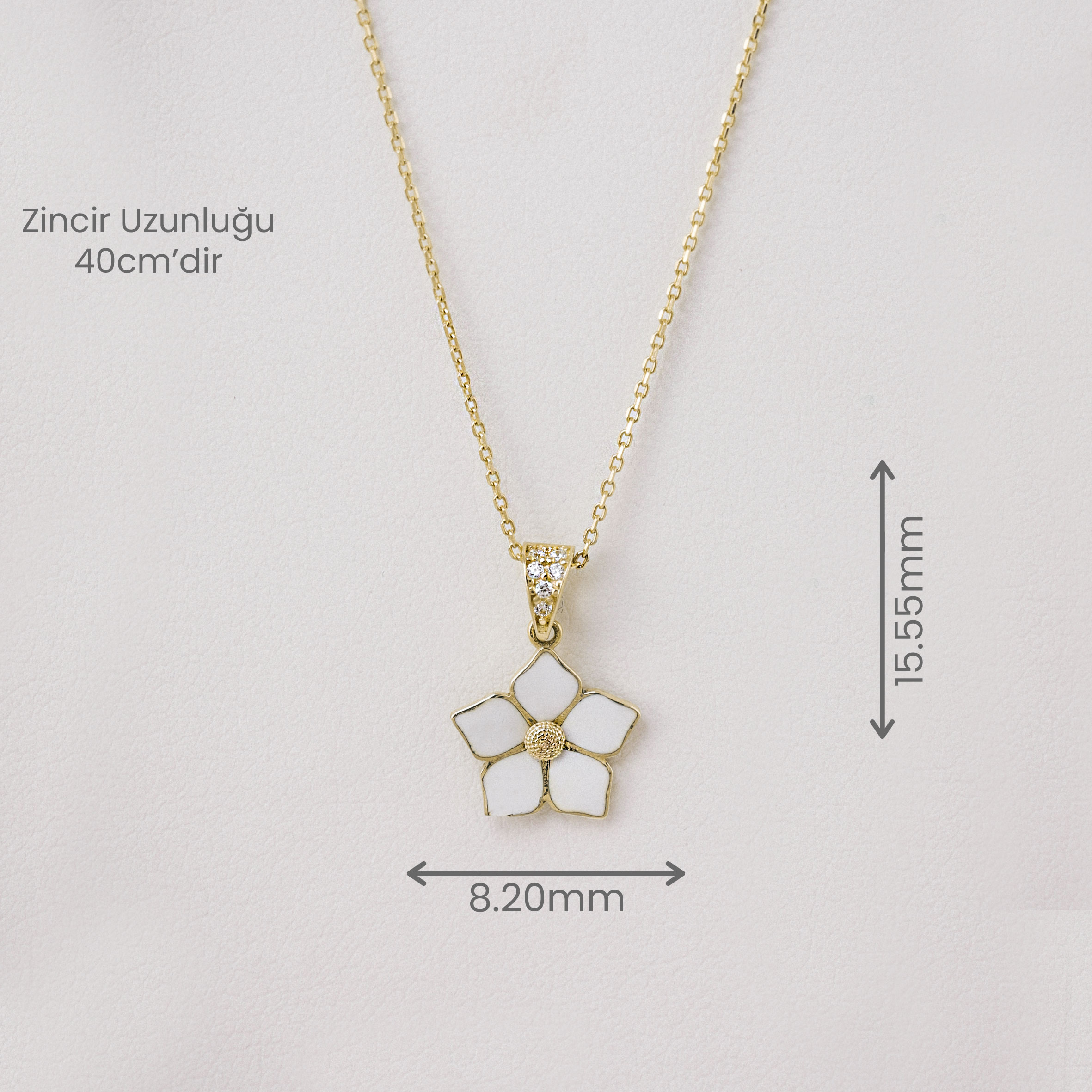 14 Ayar Altın Beyaz Mineli Çiçek Kolye