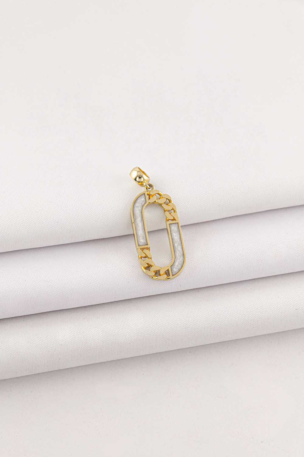 Kolye Ucu 14 Ayar Altın Beyaz Mineli Zincir Detaylı Kolye Ucu