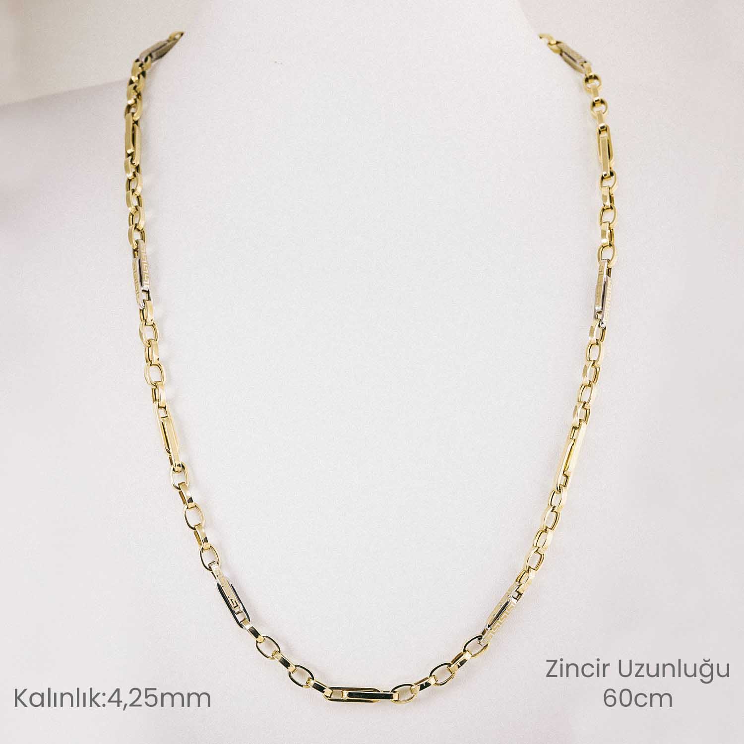 Zincir Kolye 14 Ayar Altın Beyaz ve Sarı Renkli Kütleli Halka Zincir Kolye