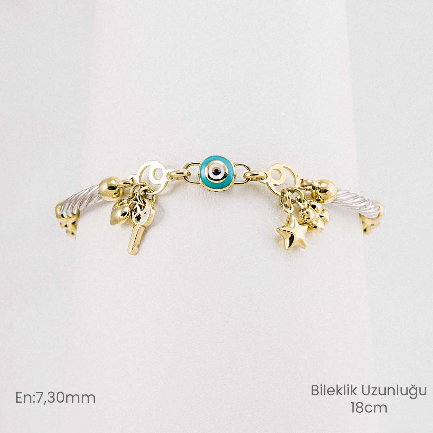 14 Ayar Altın Nazar Boncuklu ve Charm Cetaş Figürlü Bileklik 
