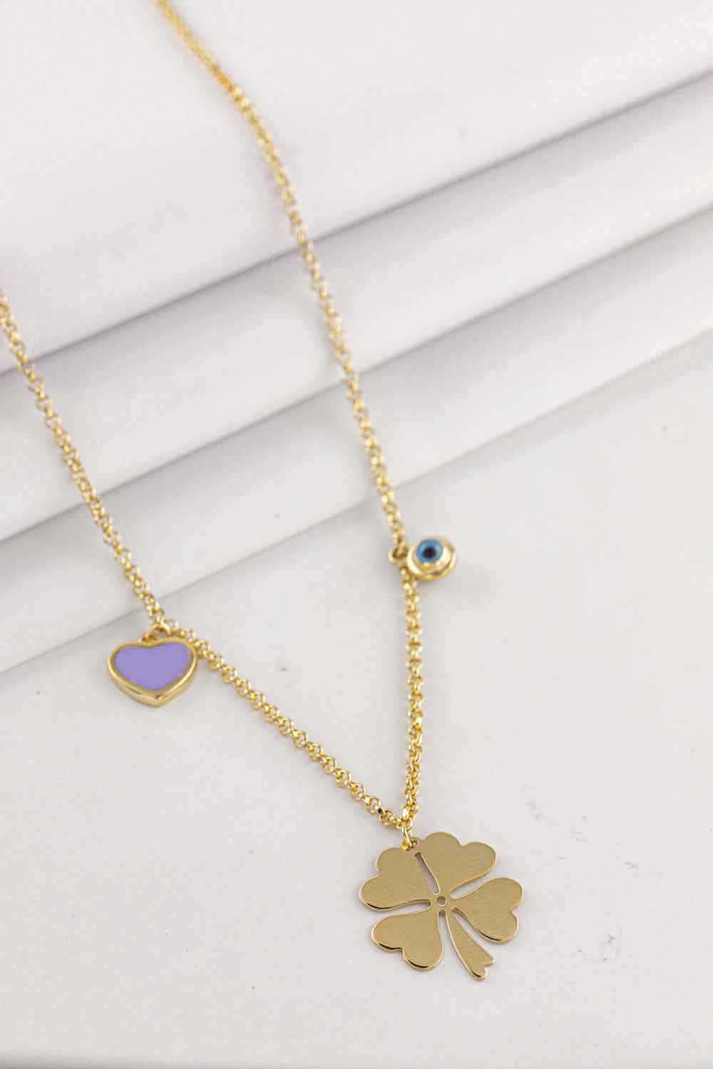 14 Ayar Altın Cetaş Yonca ve Kalp Kolye