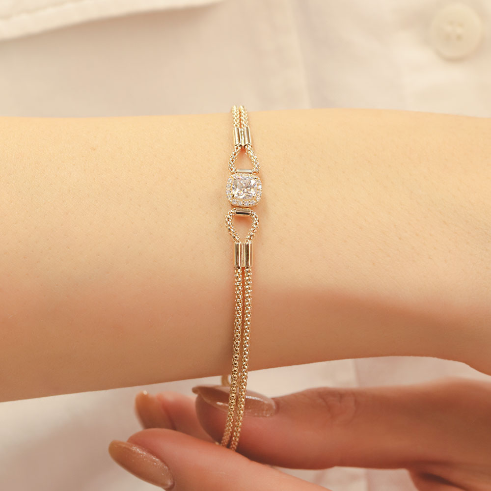 Trend Bileklik 14 Ayar Altın Çift Sıra Minimal Tek Taşlı Bileklik