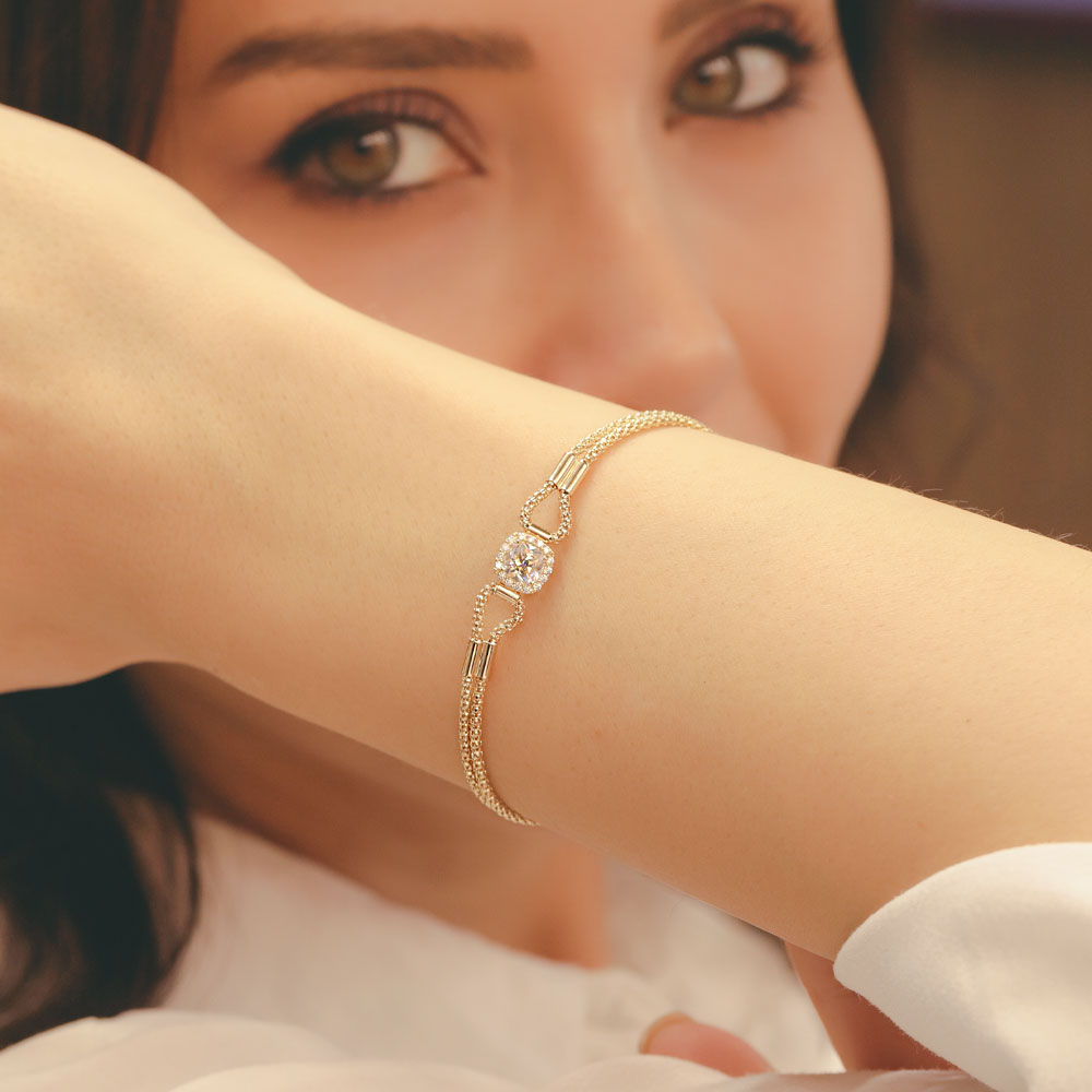 Trend Bileklik 14 Ayar Altın Çift Sıra Minimal Tek Taşlı Bileklik