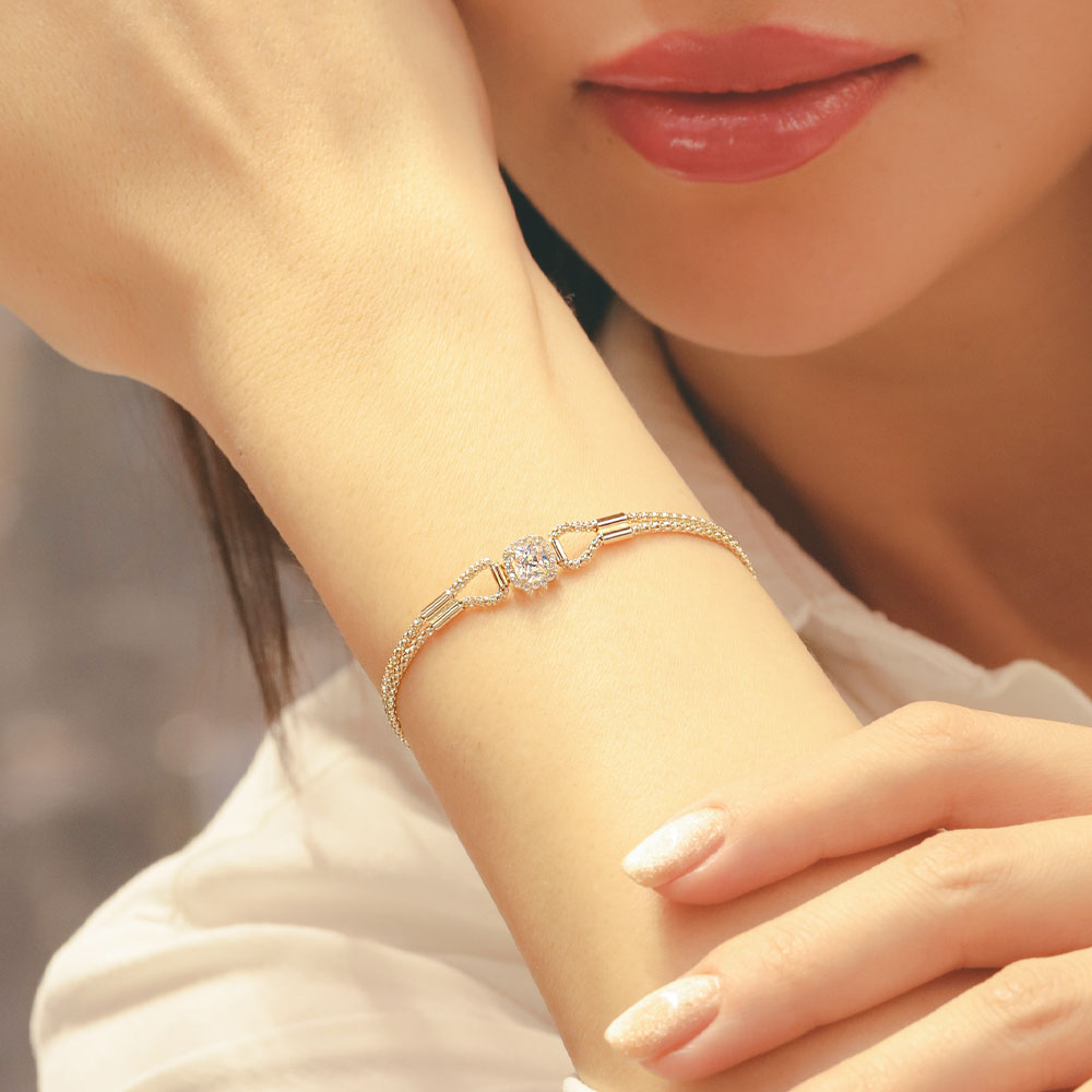 Trend Bileklik 14 Ayar Altın Çift Sıra Minimal Tek Taşlı Bileklik