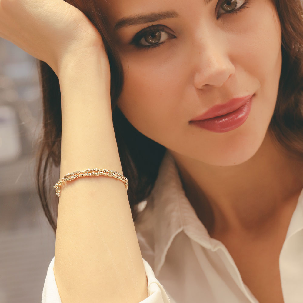 14 Ayar Altın Çift Sıra Örgü Dokulu Kelepçe Bileklik