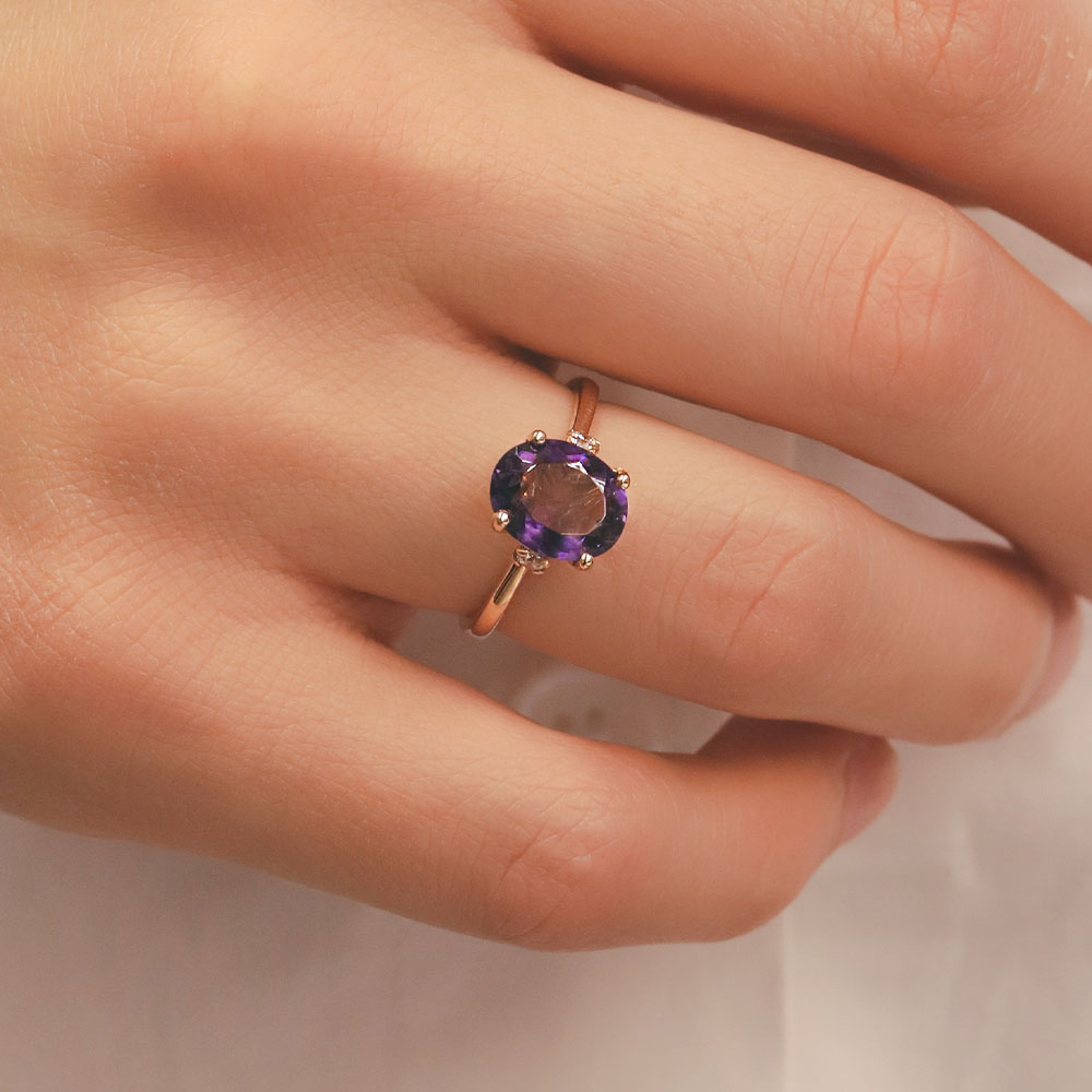 Renkli Taşlı Yüzük 14 Ayar Altın Derin Mor Işık Yüzük