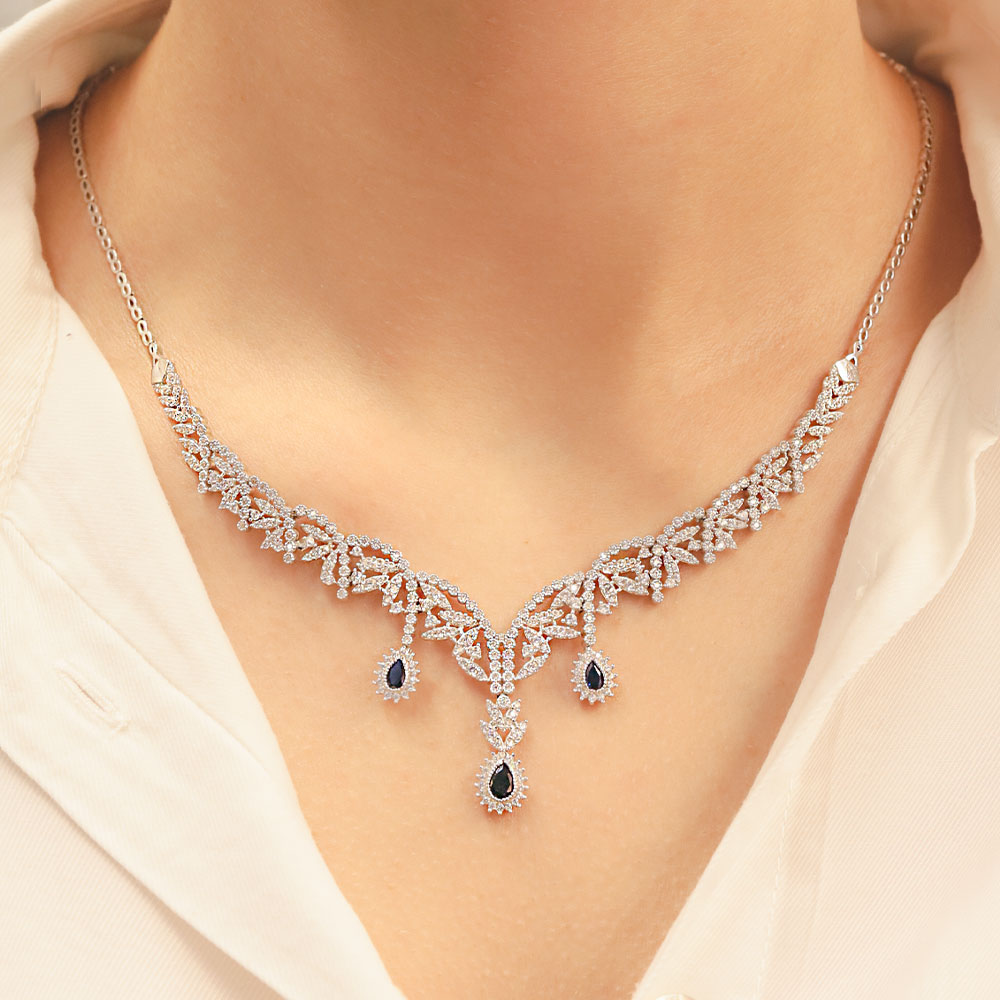 14 Ayar Altın Doğal Mavi Taşlı Damla Model Gerdanlık