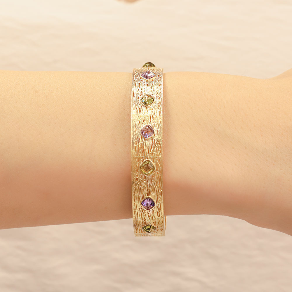 14 Ayar Altın Dokulu Renkli Taşlı Geniş Kelepçe Bileklik