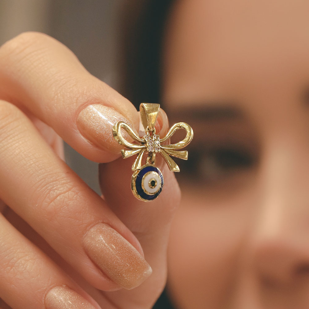 14 Ayar Altın Fiyonk Detaylı Nazar Boncuklu Kolye Ucu