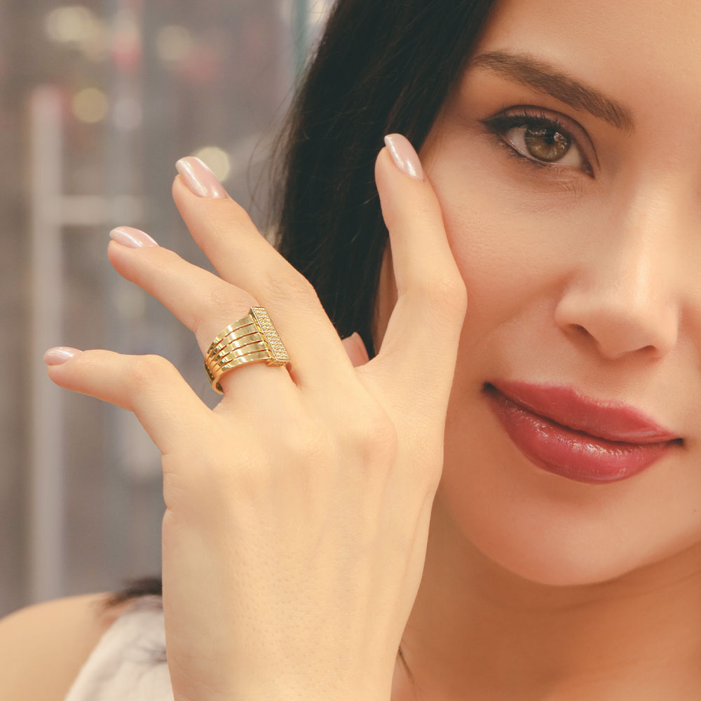 14 Ayar Altın Geniş Bant Taşlı Modern Yüzük