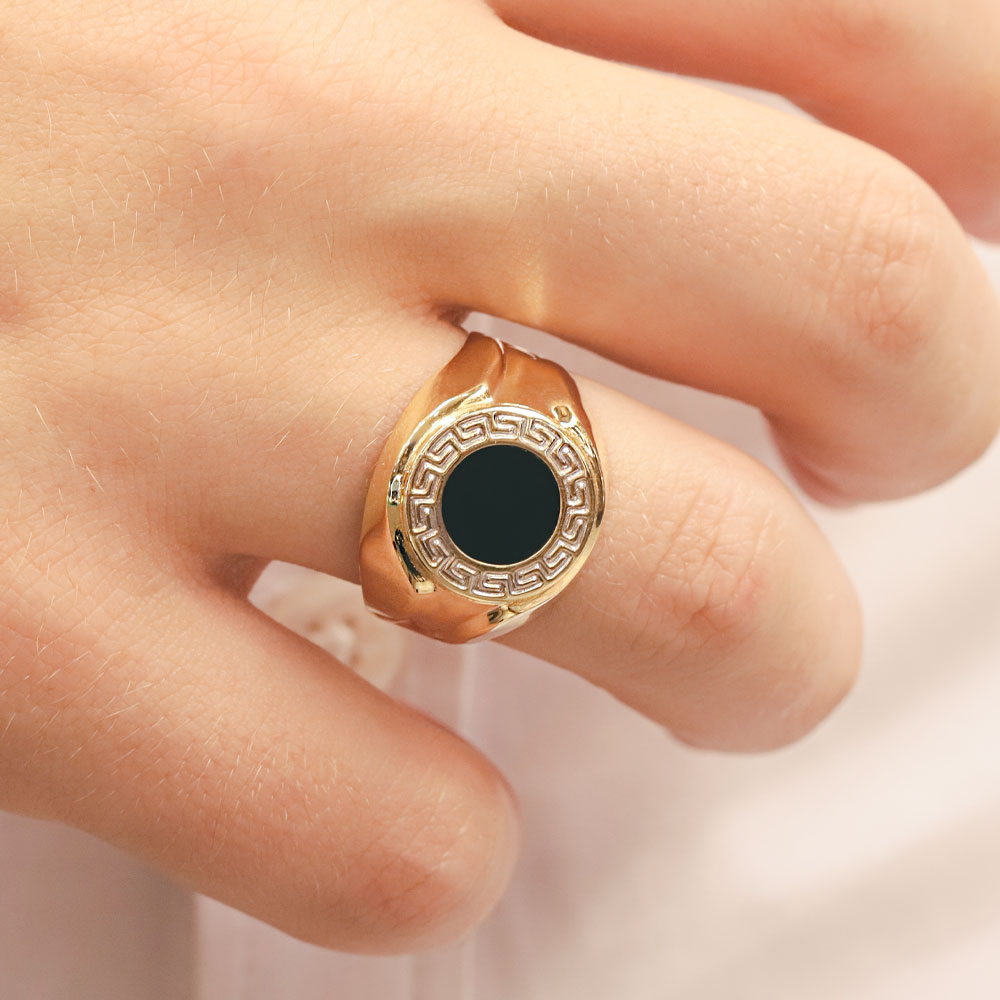 14 Ayar Altın Greek Desen Onix Taşlı Yüzük 