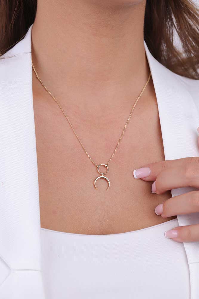 14 Ayar Altın Hilal & Daire Minimal Kolye