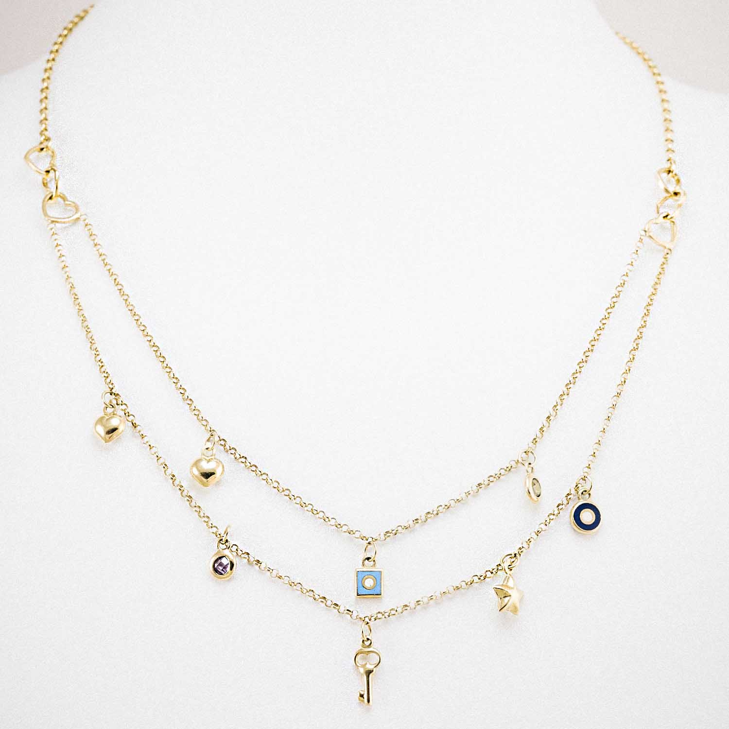 14 Ayar Altın İkili Şans Charm Mineli Kolye