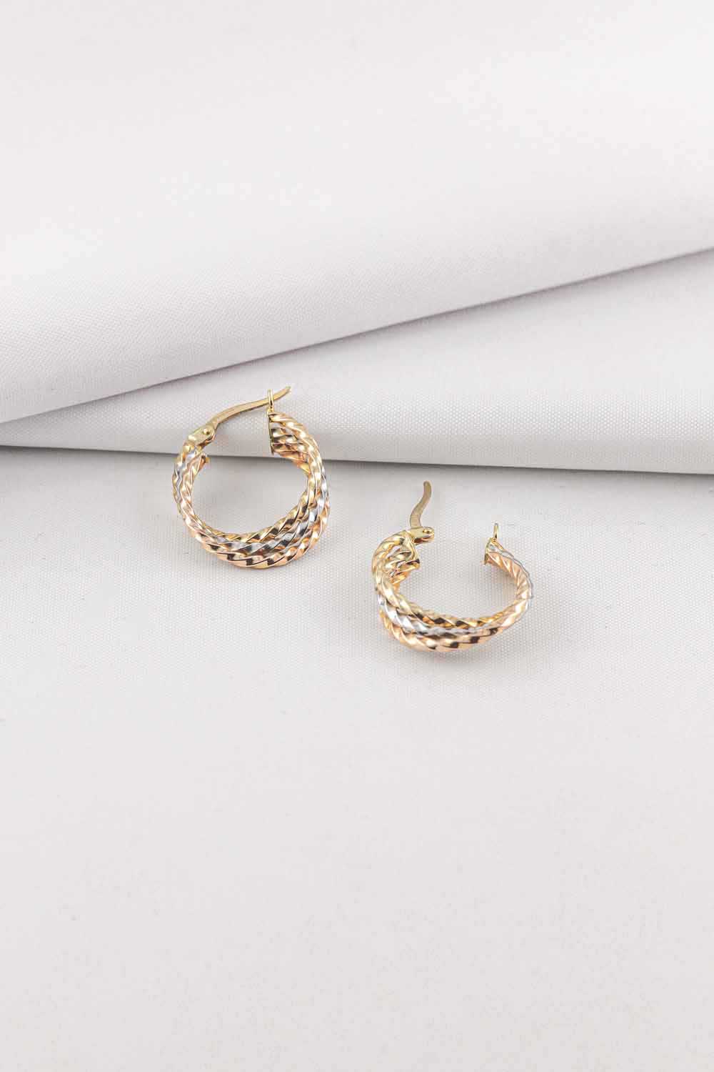 14 Ayar Altın Kalemli Üç Renk Halka Küpe