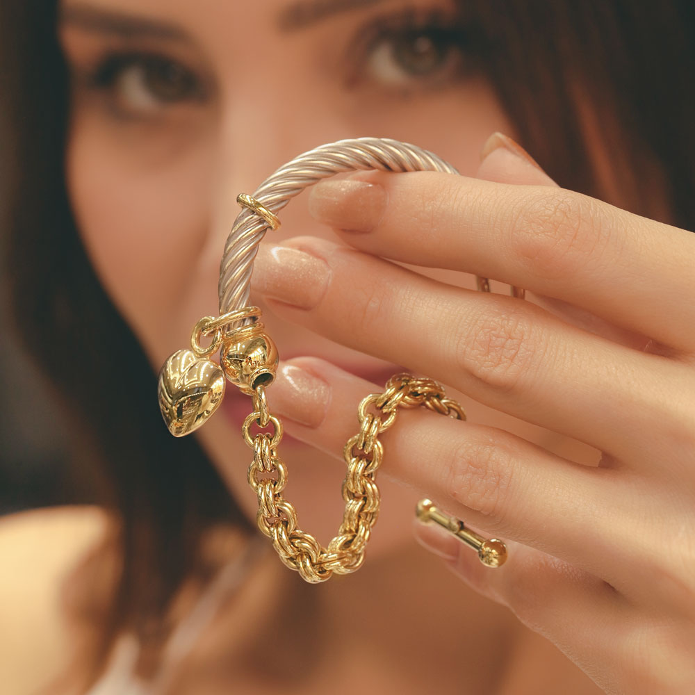 14 Ayar Altın Kalp Charmlı Kombin Tasarım Bileklik