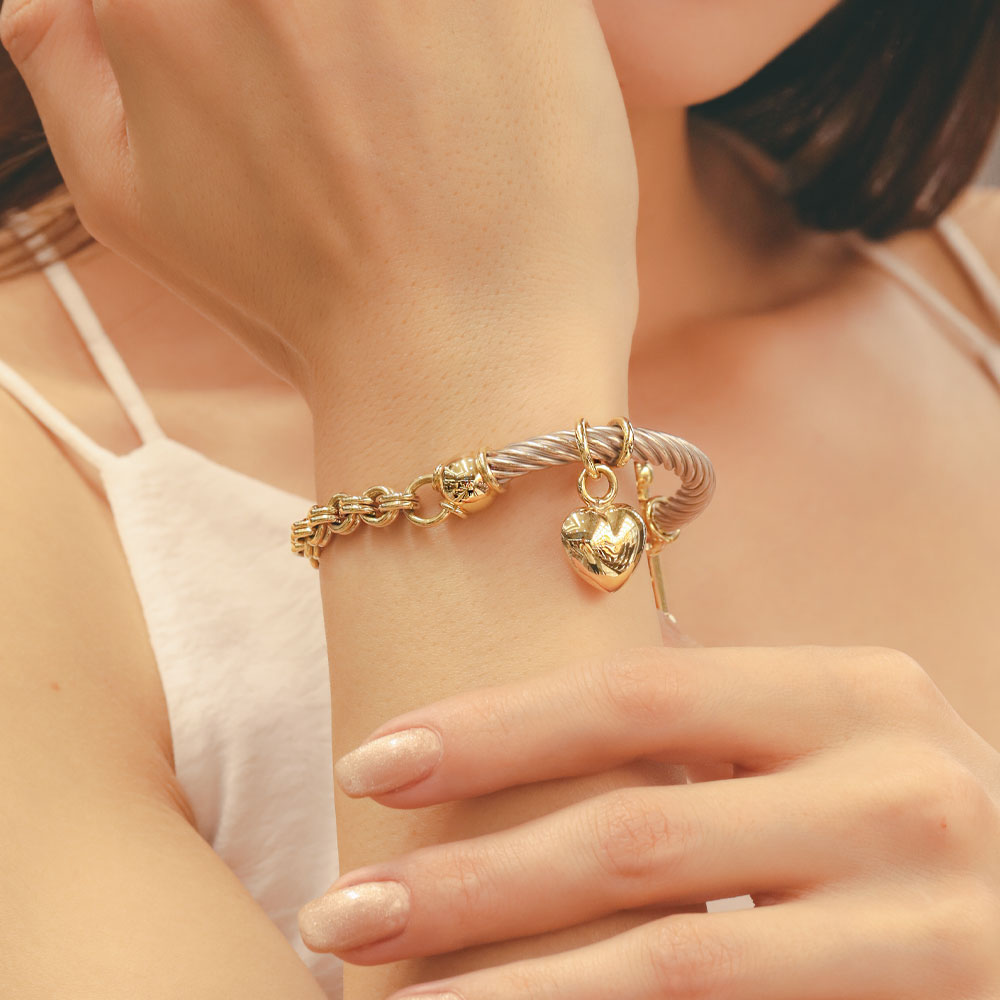14 Ayar Altın Kalp Charmlı Kombin Tasarım Bileklik