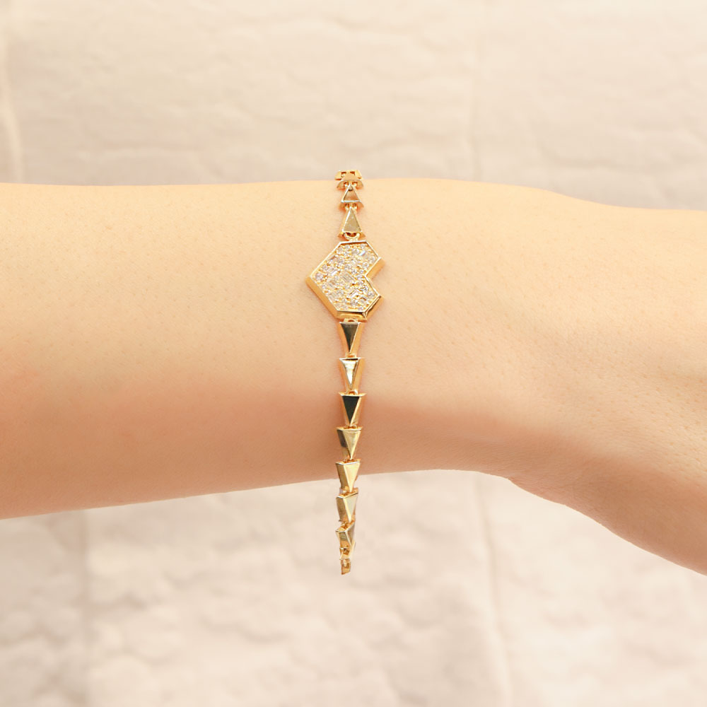 14 Ayar Altın Kalp Detaylı Geometrik Bileklik