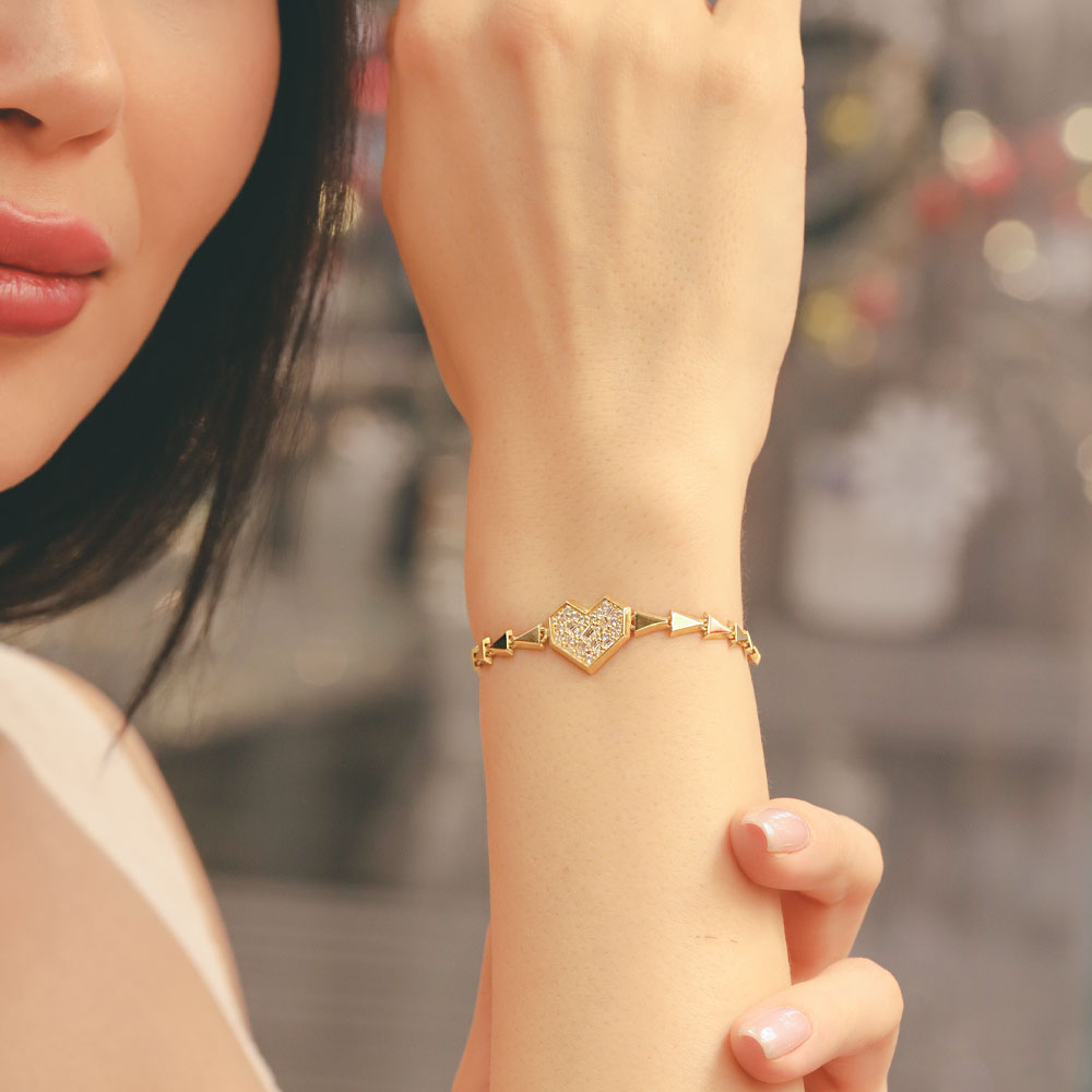 14 Ayar Altın Kalp Detaylı Geometrik Bileklik