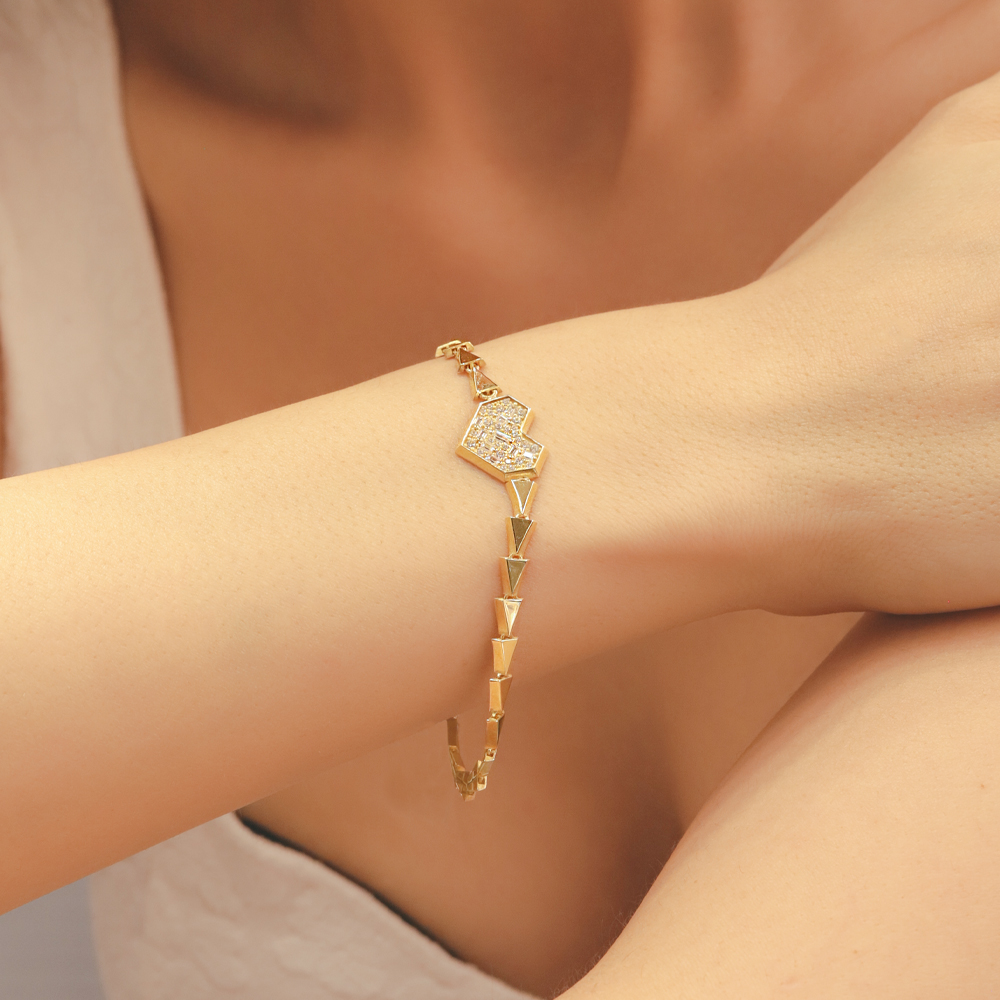 14 Ayar Altın Kalp Detaylı Geometrik Bileklik