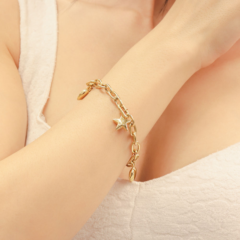 14 Ayar Altın Kalp ve Yıldız Figürlü Bileklik 