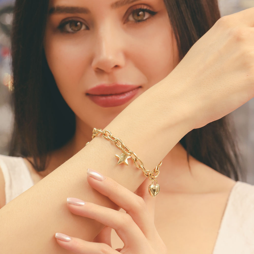 14 Ayar Altın Kalp ve Yıldız Figürlü Bileklik 