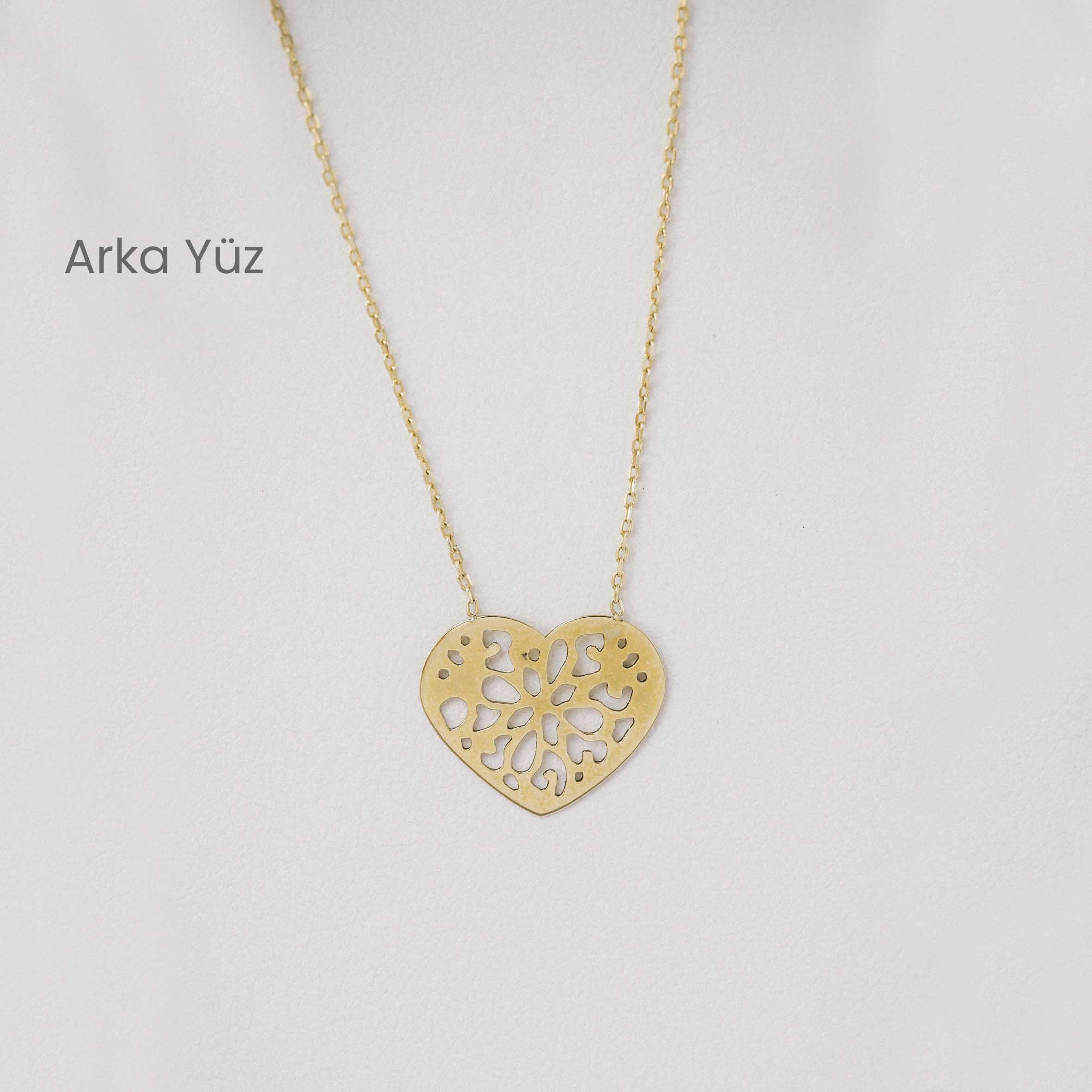 Zincir Kolye 14 Ayar Altın Kalpli File Desenli Kolye