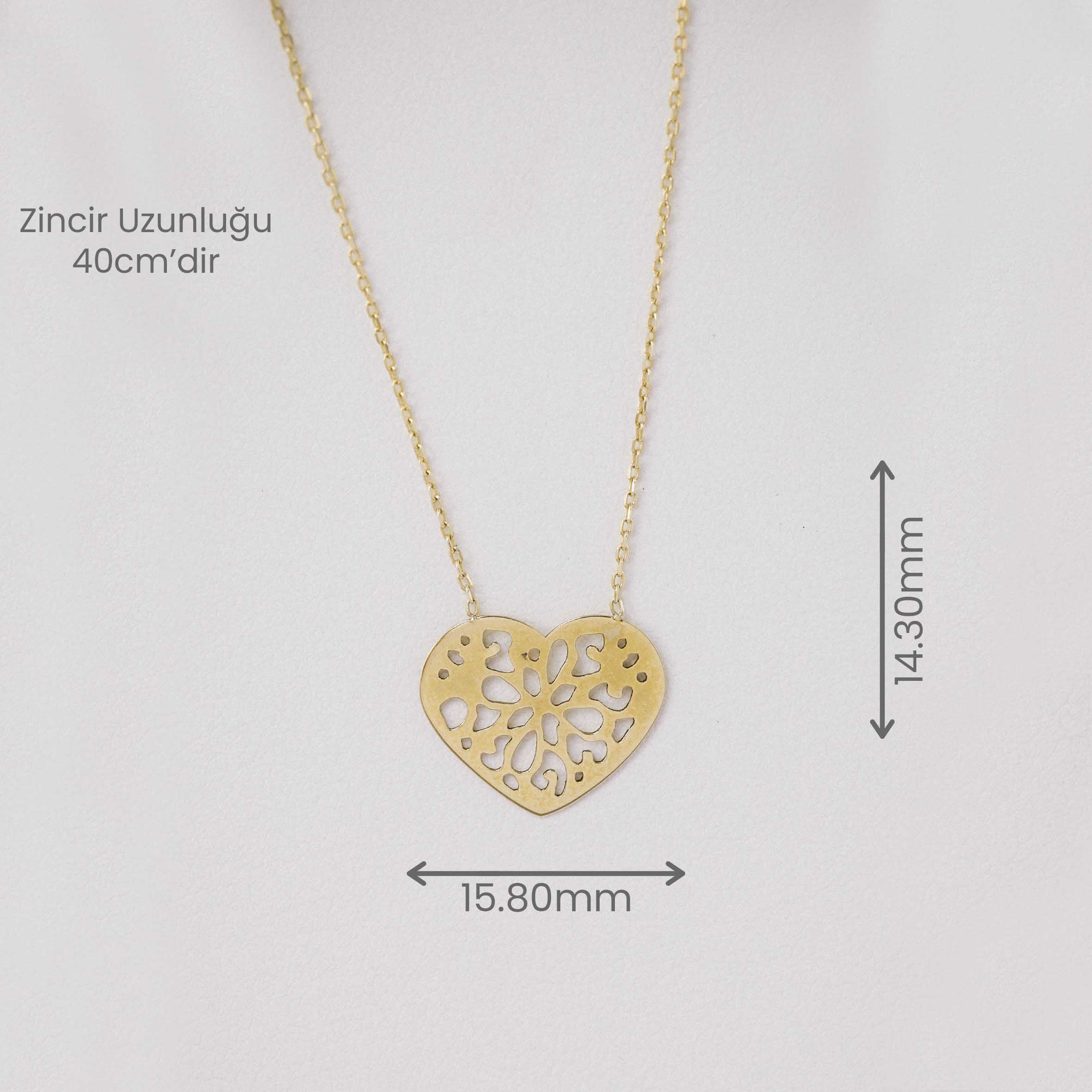 Zincir Kolye 14 Ayar Altın Kalpli File Desenli Kolye