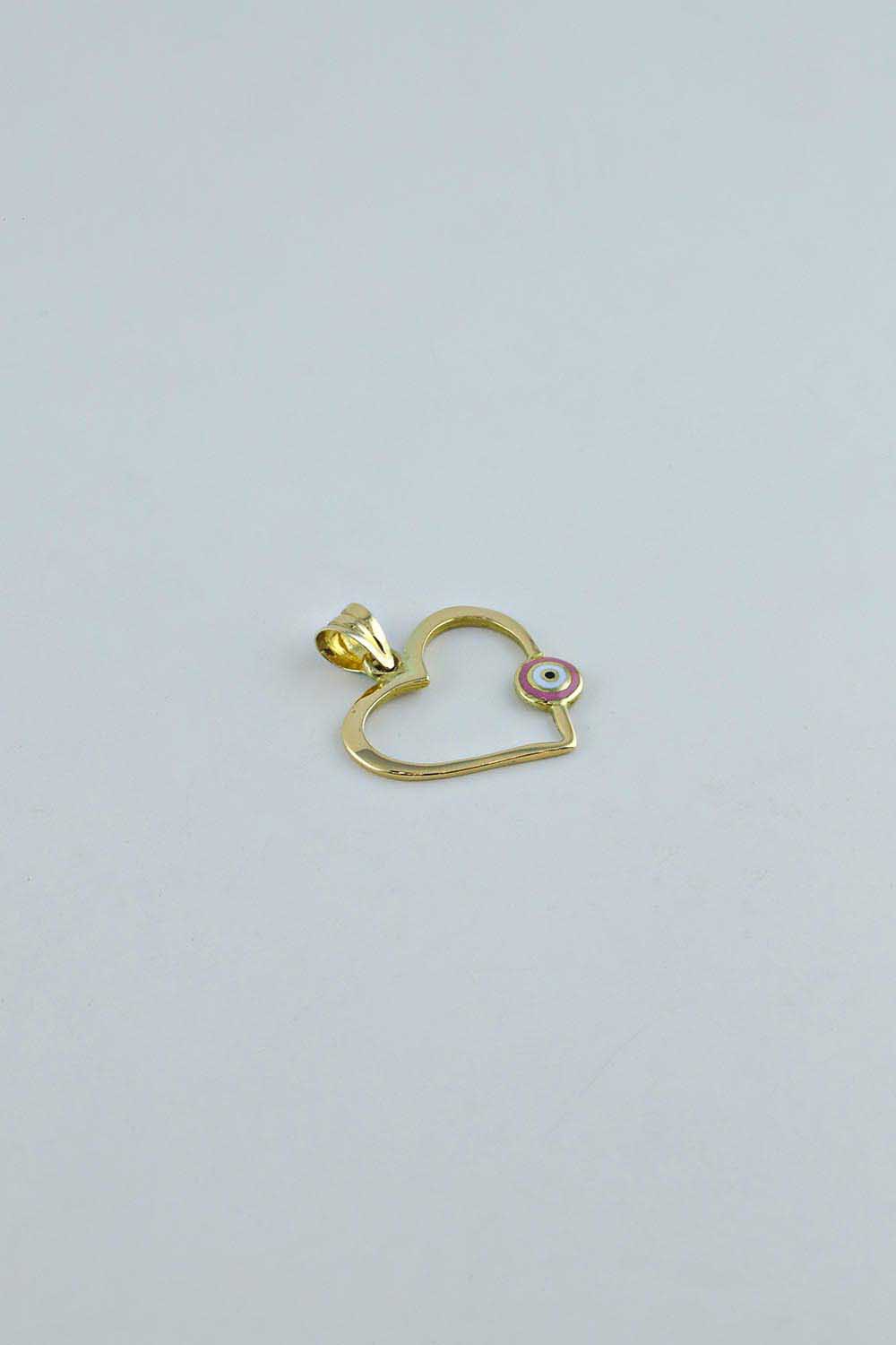 Kolye Ucu 14 Ayar Altın Kalpli Nazar Boncuklu Kolye Ucu