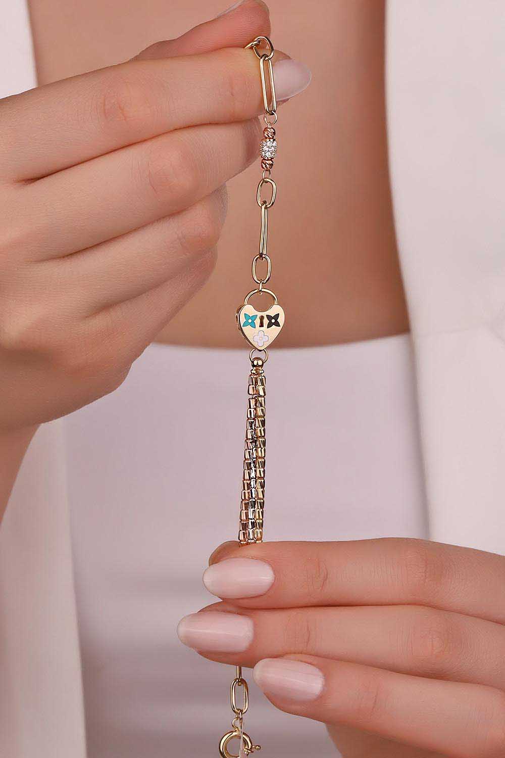 Özel Tasarım Bileklik 14 Ayar Altın Kalpli Trend Bileklik