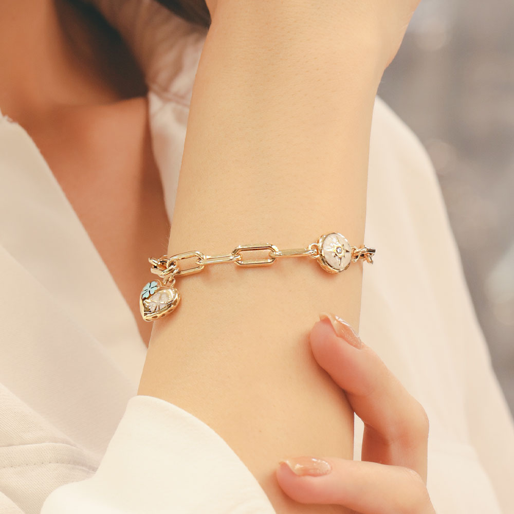 Cetaş Bileklik 14 Ayar Altın Kalpli Ve Pusula Charm Cetaş Bileklik