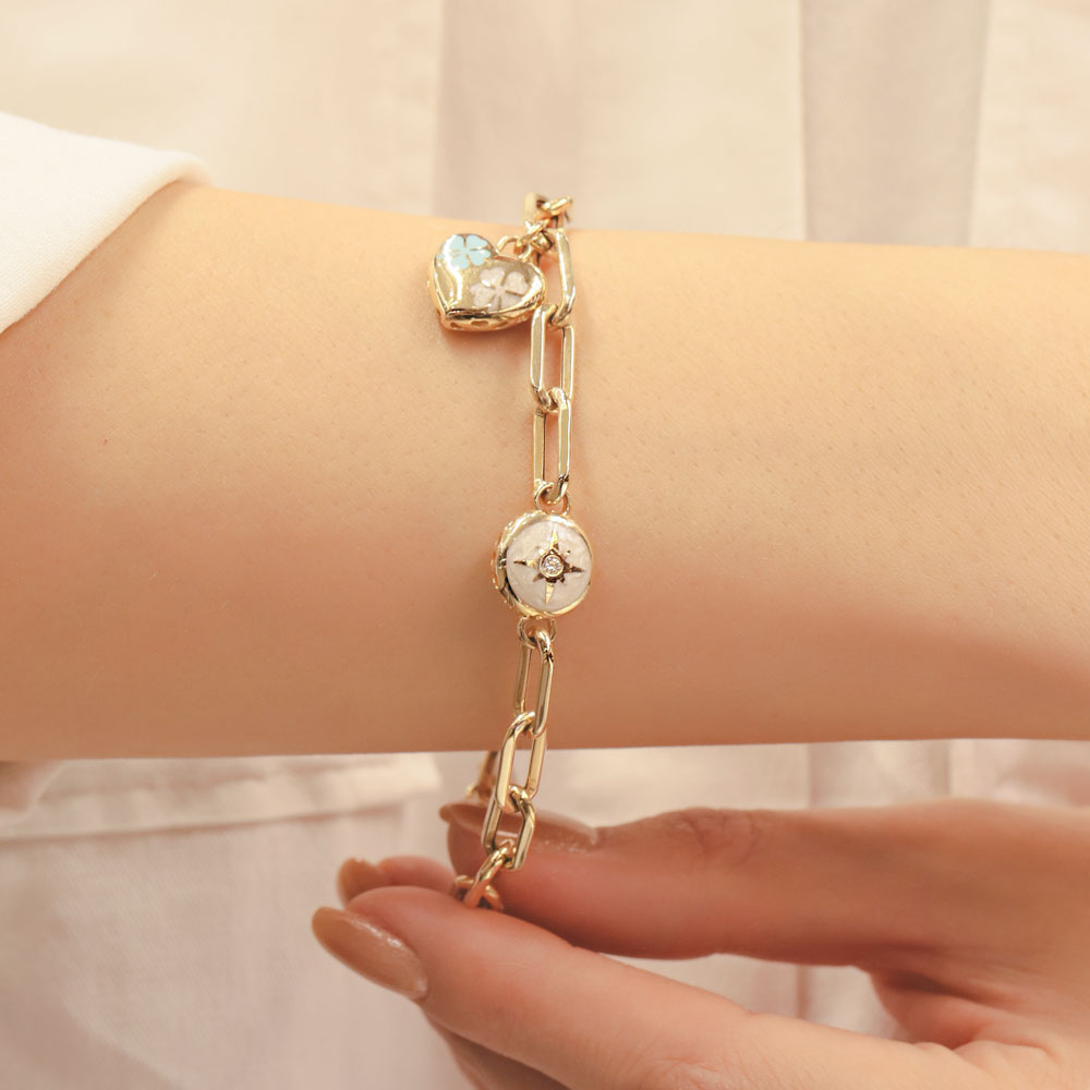 Cetaş Bileklik 14 Ayar Altın Kalpli Ve Pusula Charm Cetaş Bileklik