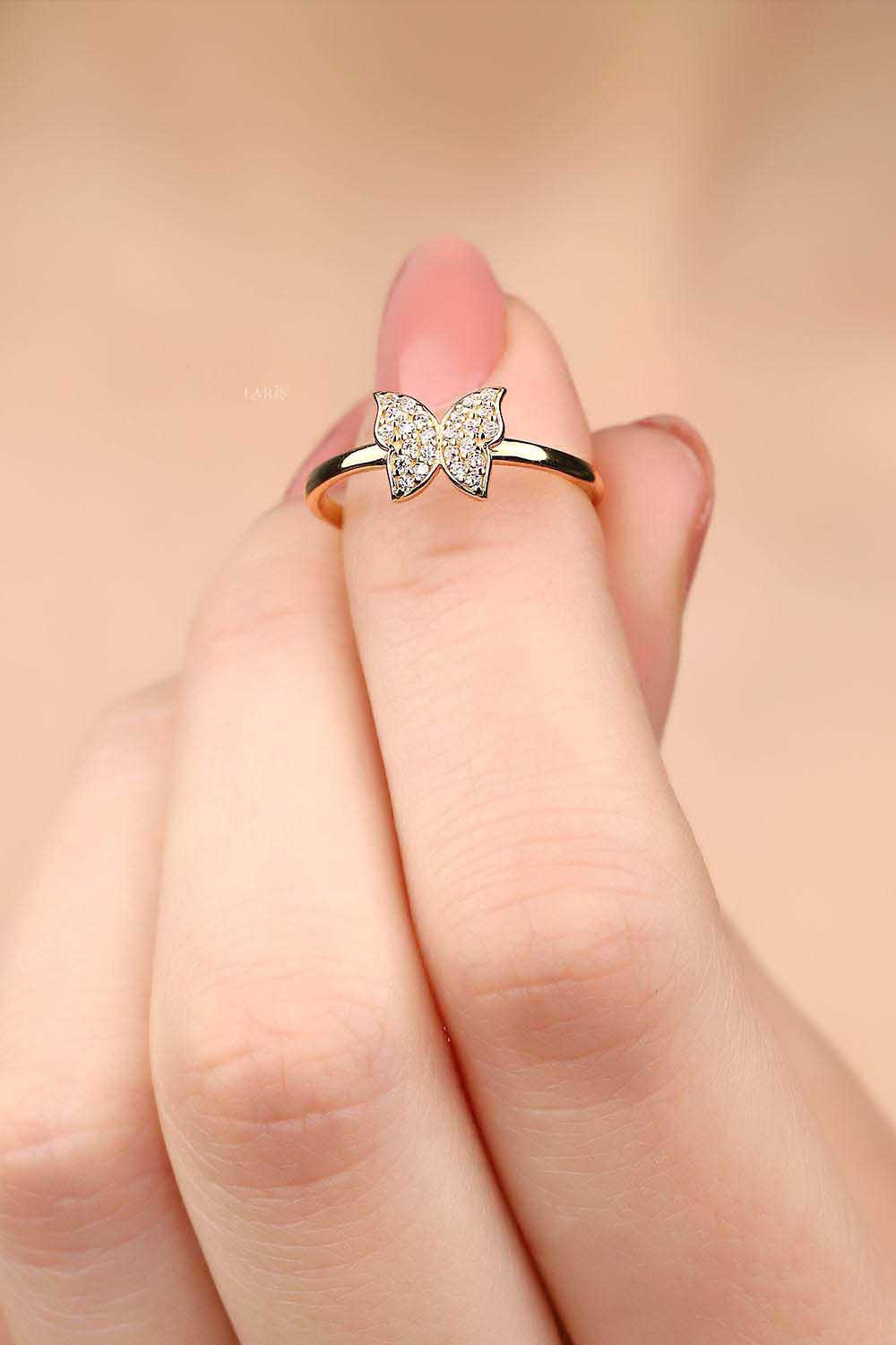 Hayvan Figürlü Yüzük 14 Ayar Altın Kelebek Model Yüzük