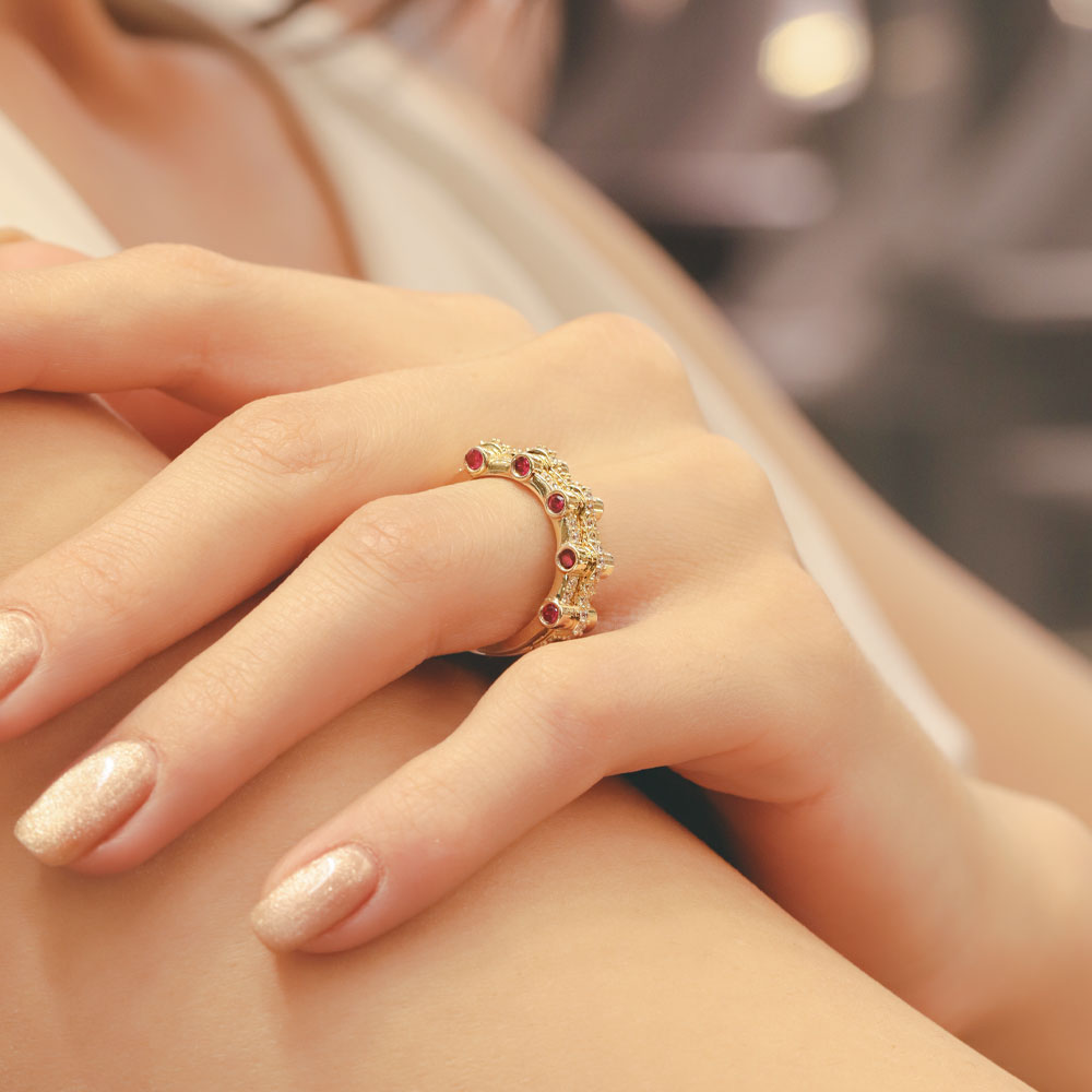 14 Ayar Altın Kırmızı Taş Detaylı Fantezi Yüzük