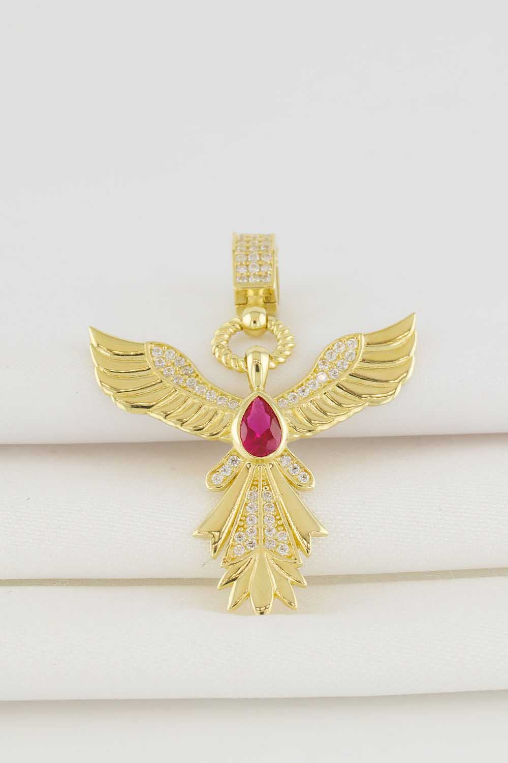 14 Ayar Altın Kırmızı Taşlı Anka Kuşu Charm Kolye Ucu