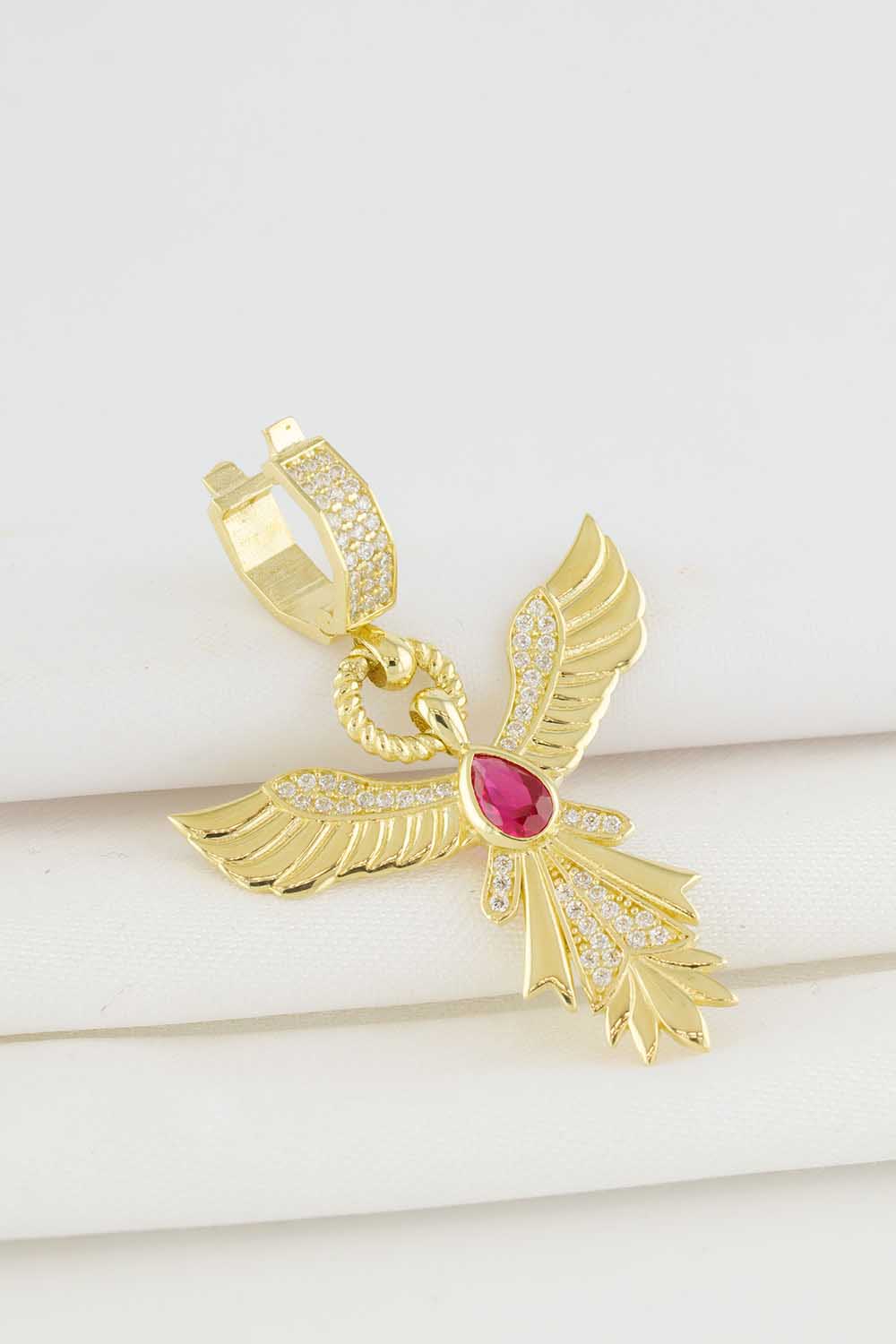 14 Ayar Altın Kırmızı Taşlı Anka Kuşu Charm Kolye Ucu