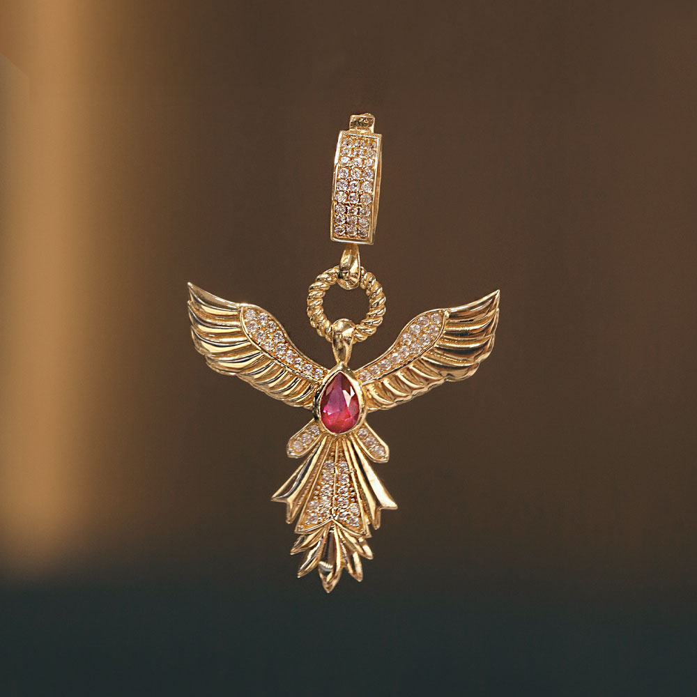 14 Ayar Altın Kırmızı Taşlı Anka Kuşu Charm Kolye Ucu