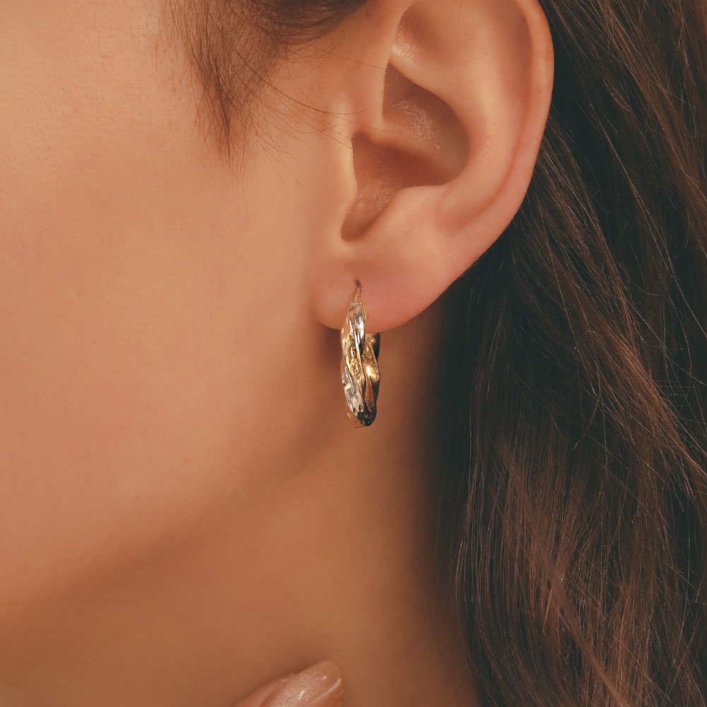 14 Ayar Altın Kıvrımlı Çift Renk Halka Küpe