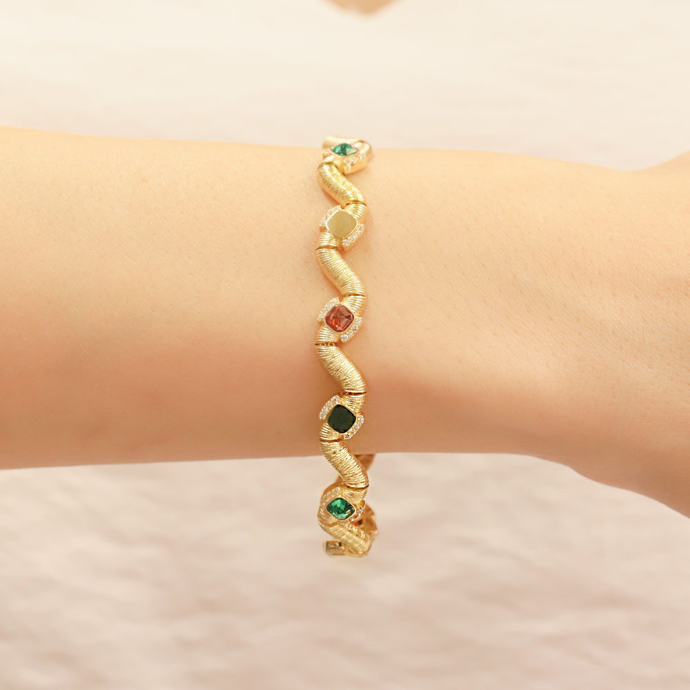 Özel Tasarım Bileklik 14 Ayar Altın Kıvrımlı Renkli Taşlı Fantezi Bileklik