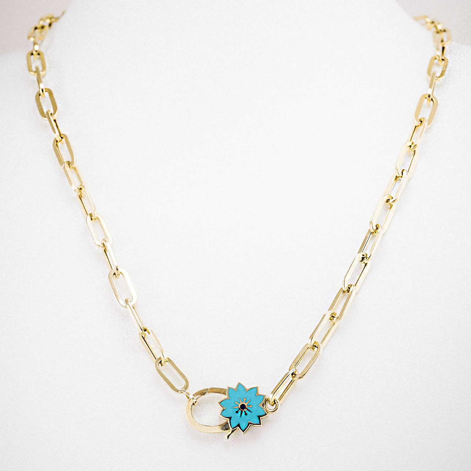 14 Ayar Altın Mavi Mine Çiçek Detaylı Zincir Kolye