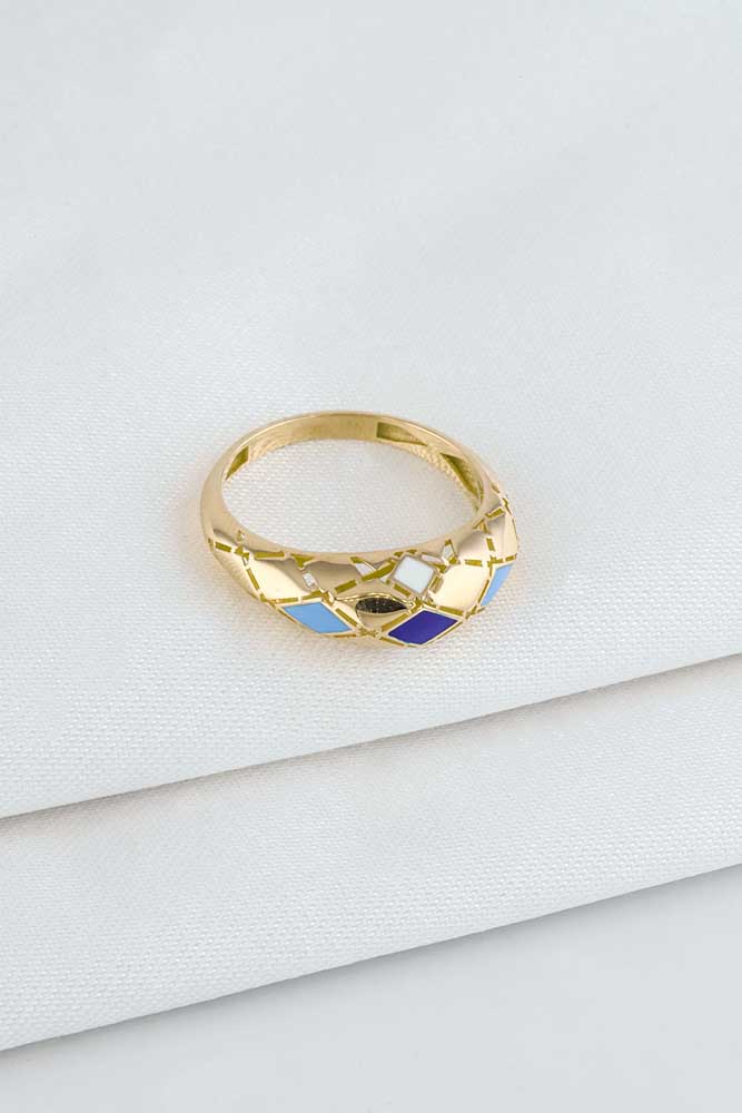 Trend Yüzük 14 Ayar Altın Mavi Mineli Vintage Yüzük