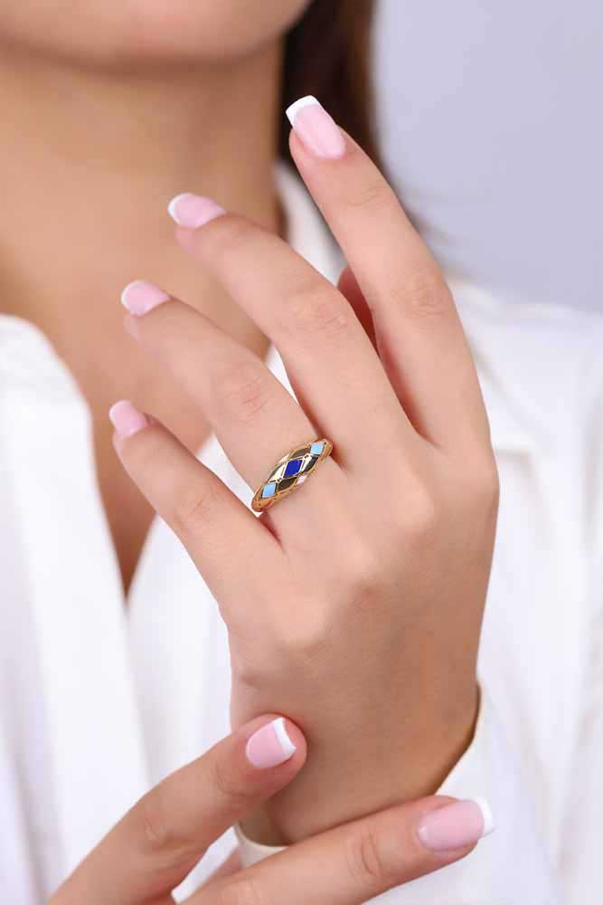 Trend Yüzük 14 Ayar Altın Mavi Mineli Vintage Yüzük