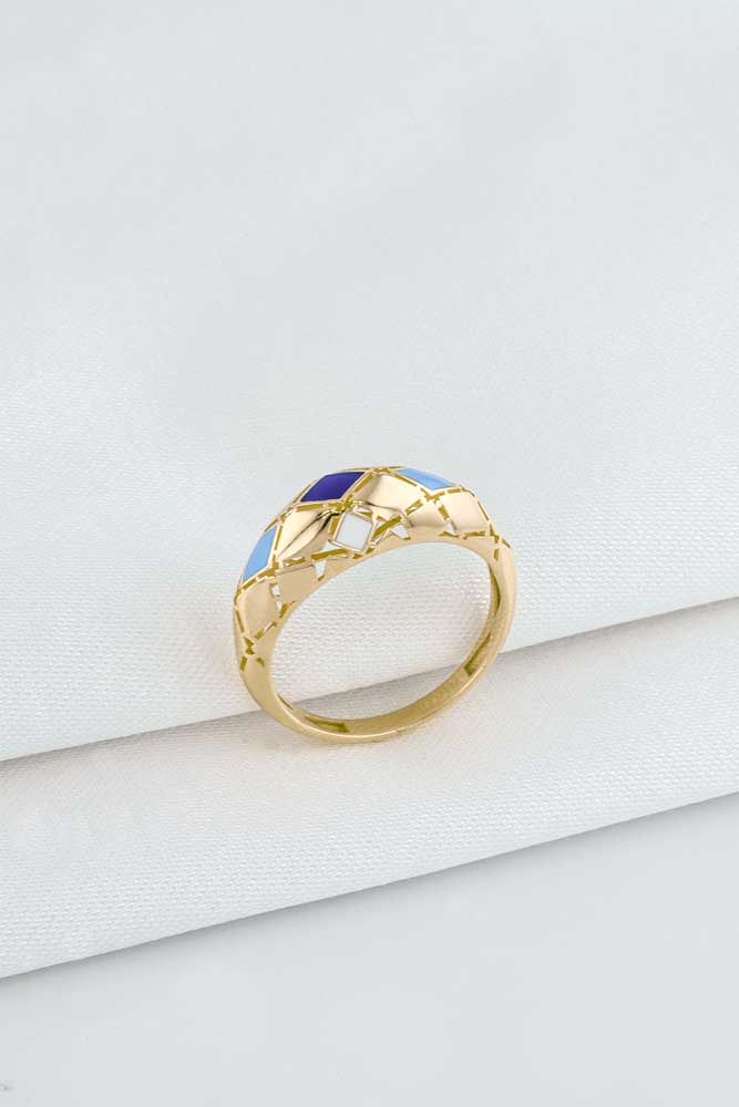 Trend Yüzük 14 Ayar Altın Mavi Mineli Vintage Yüzük