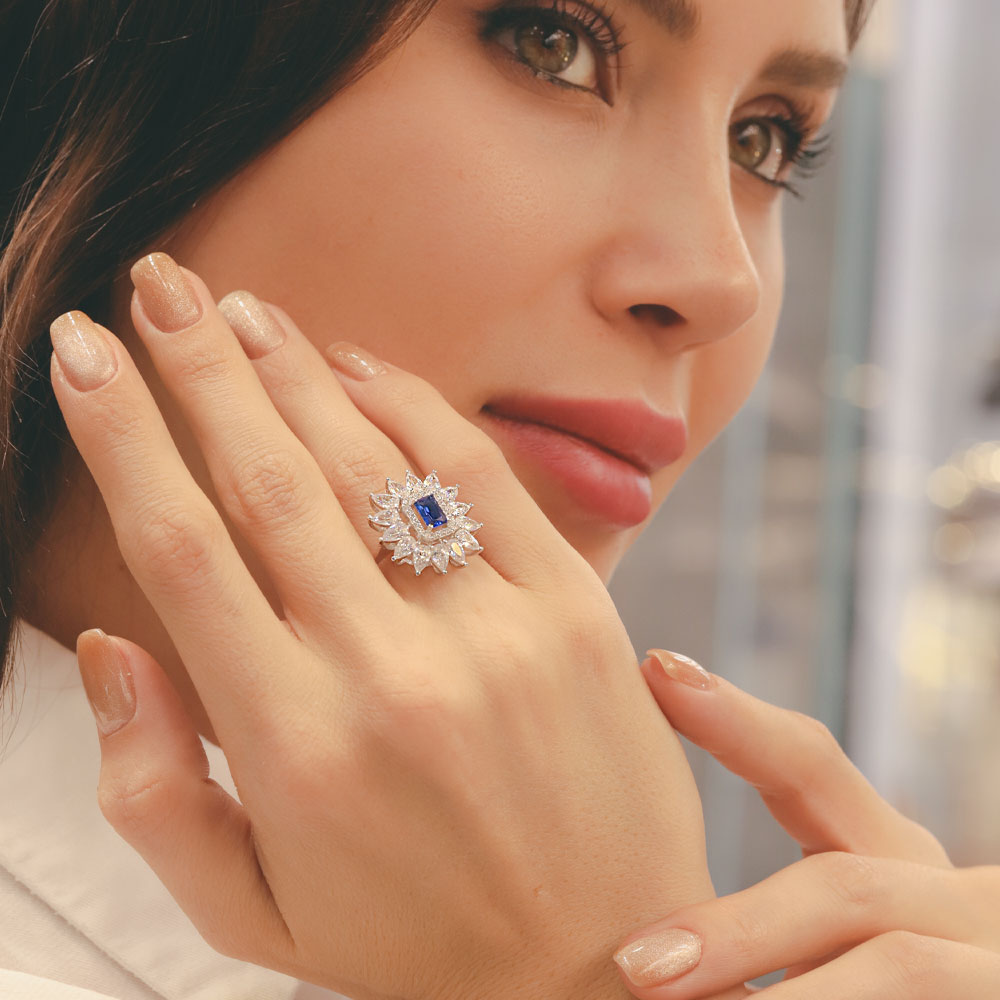 14 Ayar Altın Mavi Quartz Baget Taşlı Yüzük