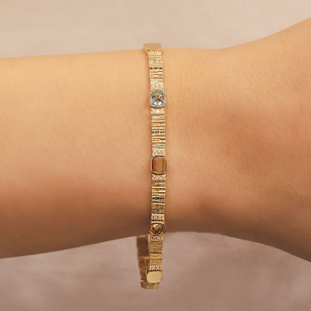 Retro Bileklik 14 Ayar Altın Mavi Taş Detaylı İnce Tasarım Bileklik