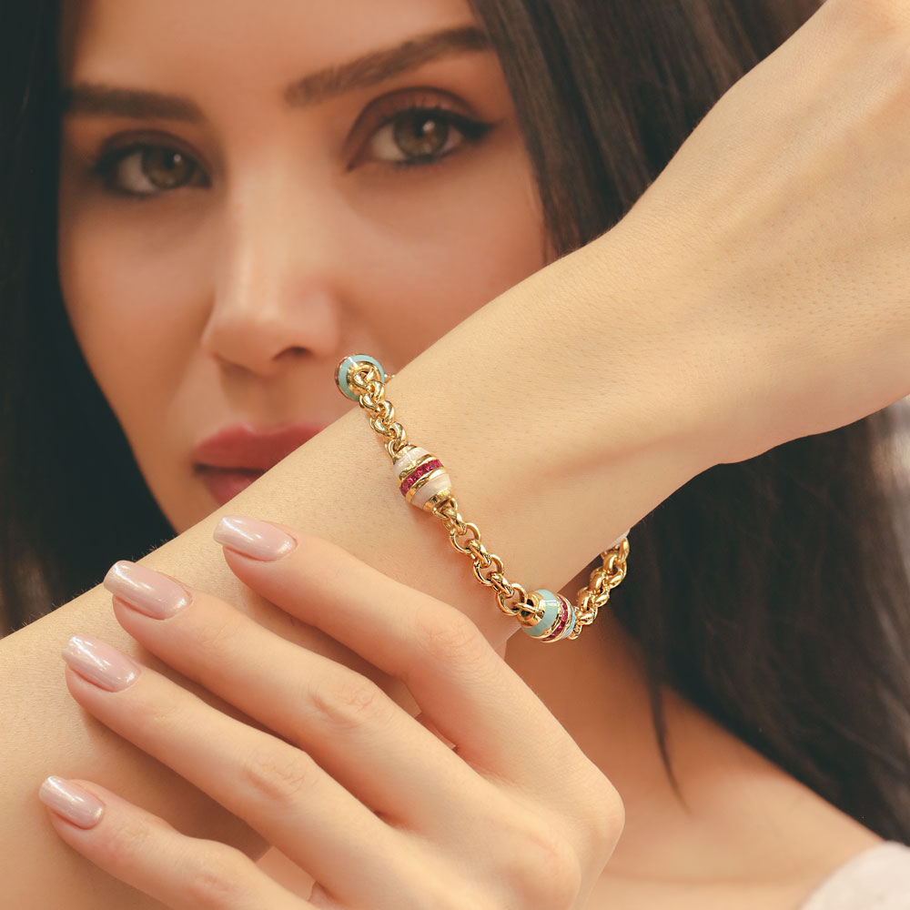 14 Ayar Altın Mine ve Yakut Taş Detaylı Zincir Bileklik