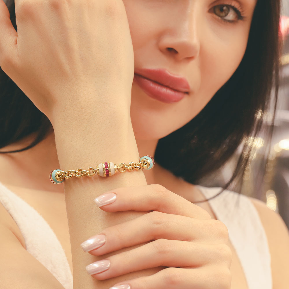 14 Ayar Altın Mine ve Yakut Taş Detaylı Zincir Bileklik