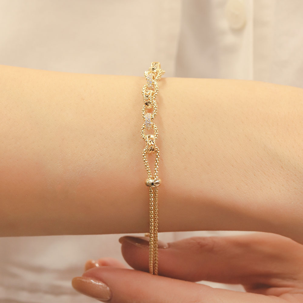 Özel Tasarım Bileklik 14 Ayar Altın Minimal Halkalı Taş Detaylı Ayarlanabilir Bileklik