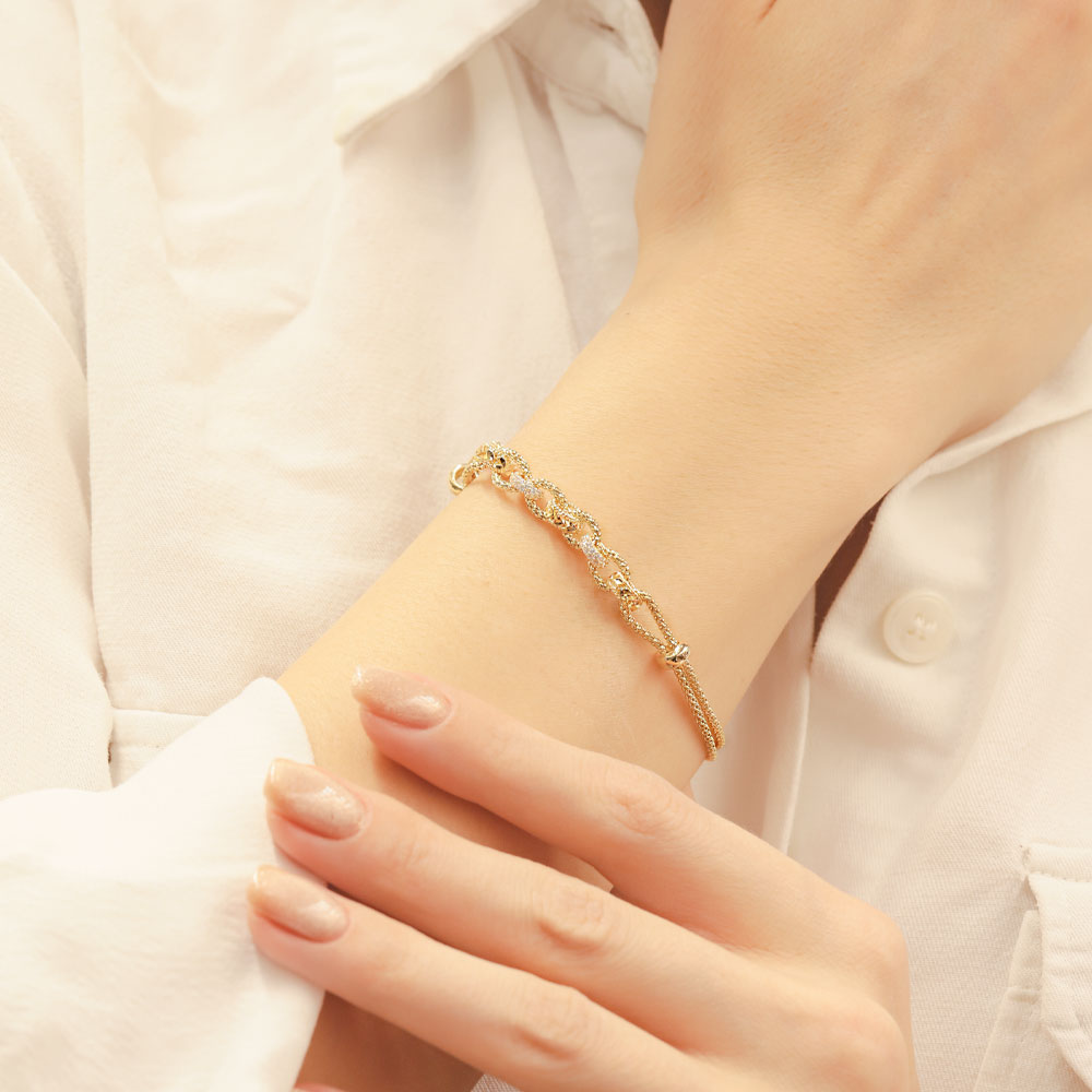 Özel Tasarım Bileklik 14 Ayar Altın Minimal Halkalı Taş Detaylı Ayarlanabilir Bileklik